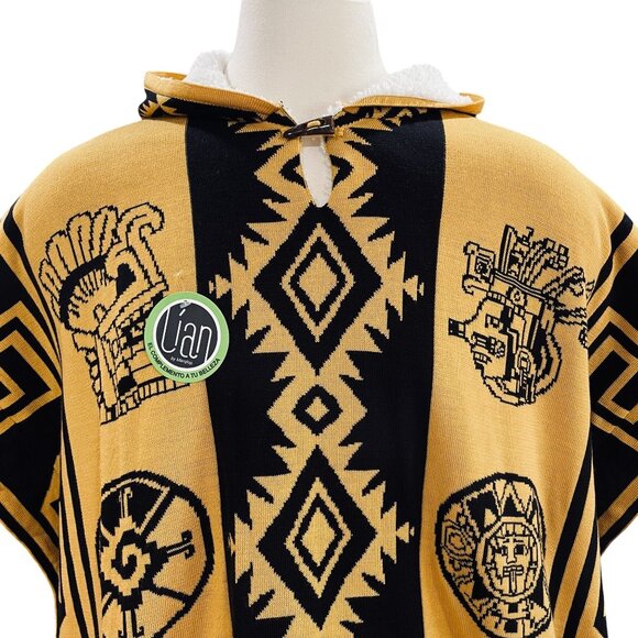 Lian Hooded Aztec Poncho Sherpa Lined Baja Blanket Unisex Boho Tribal - Picture 6 of 13